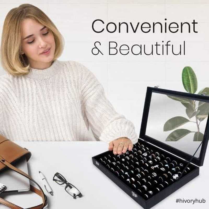 100 Slots Ring Storage Display Box with Transparent Lid ~ Ring Holder Showcase for Store Display, Jewelry Show & Home ~ Jewelry Tray Organizer (Black)