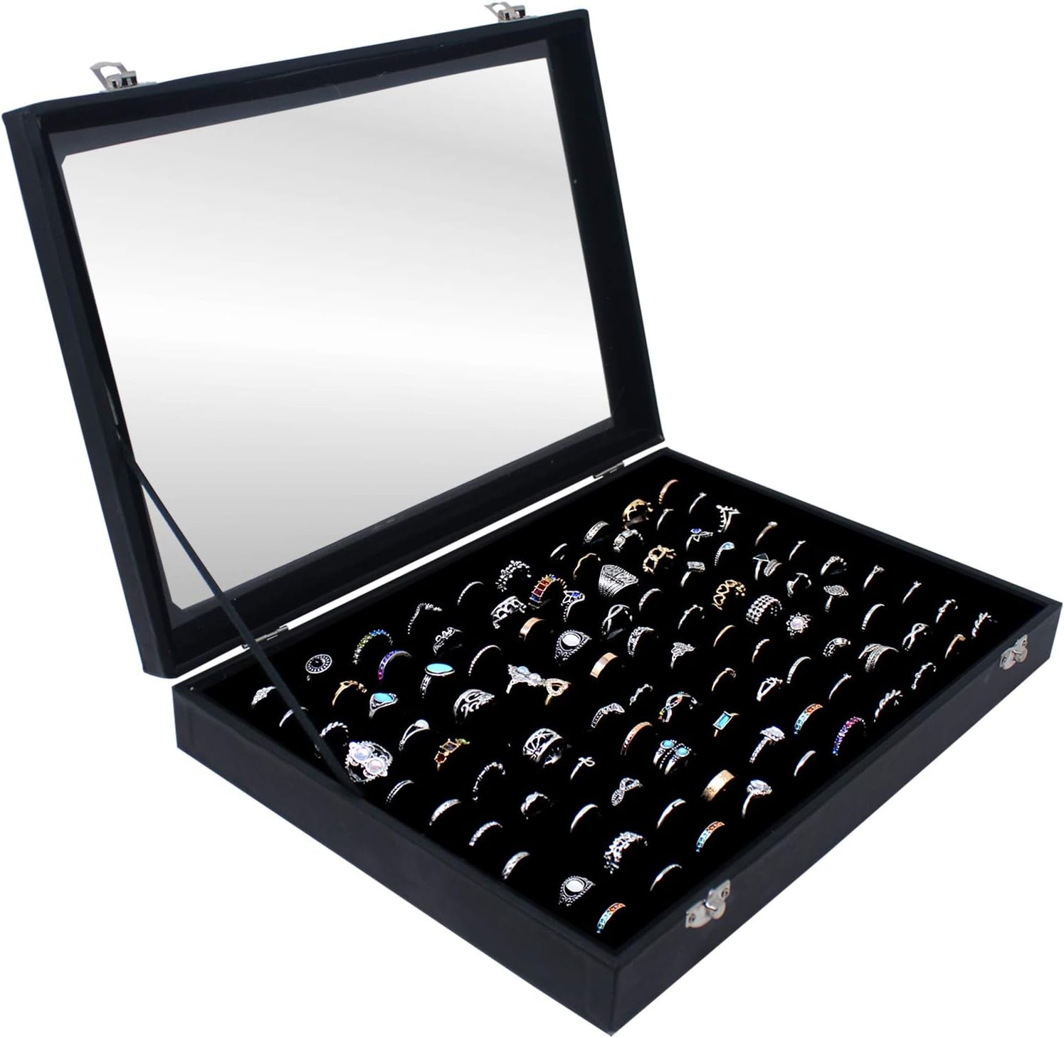 100 Slots Ring Storage Display Box with Transparent Lid ~ Ring Holder Showcase for Store Display, Jewelry Show & Home ~ Jewelry Tray Organizer (Black)