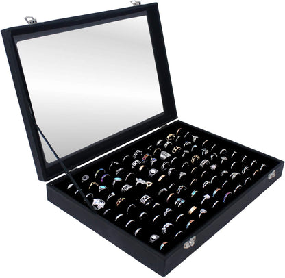 100 Slots Ring Storage Display Box with Transparent Lid ~ Ring Holder Showcase for Store Display, Jewelry Show & Home ~ Jewelry Tray Organizer (Black)