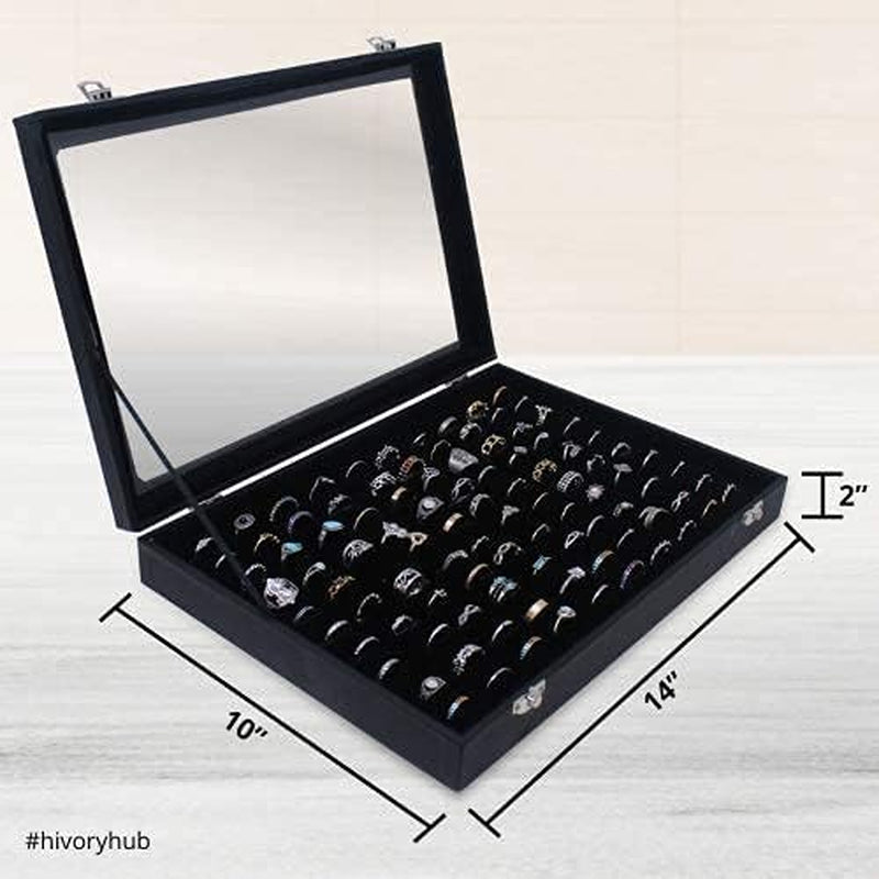 100 Slots Ring Storage Display Box with Transparent Lid ~ Ring Holder Showcase for Store Display, Jewelry Show & Home ~ Jewelry Tray Organizer (Black)