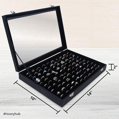 100 Slots Ring Storage Display Box with Transparent Lid ~ Ring Holder Showcase for Store Display, Jewelry Show & Home ~ Jewelry Tray Organizer (Black)