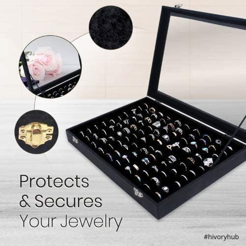 100 Slots Ring Storage Display Box with Transparent Lid ~ Ring Holder Showcase for Store Display, Jewelry Show & Home ~ Jewelry Tray Organizer (Black)
