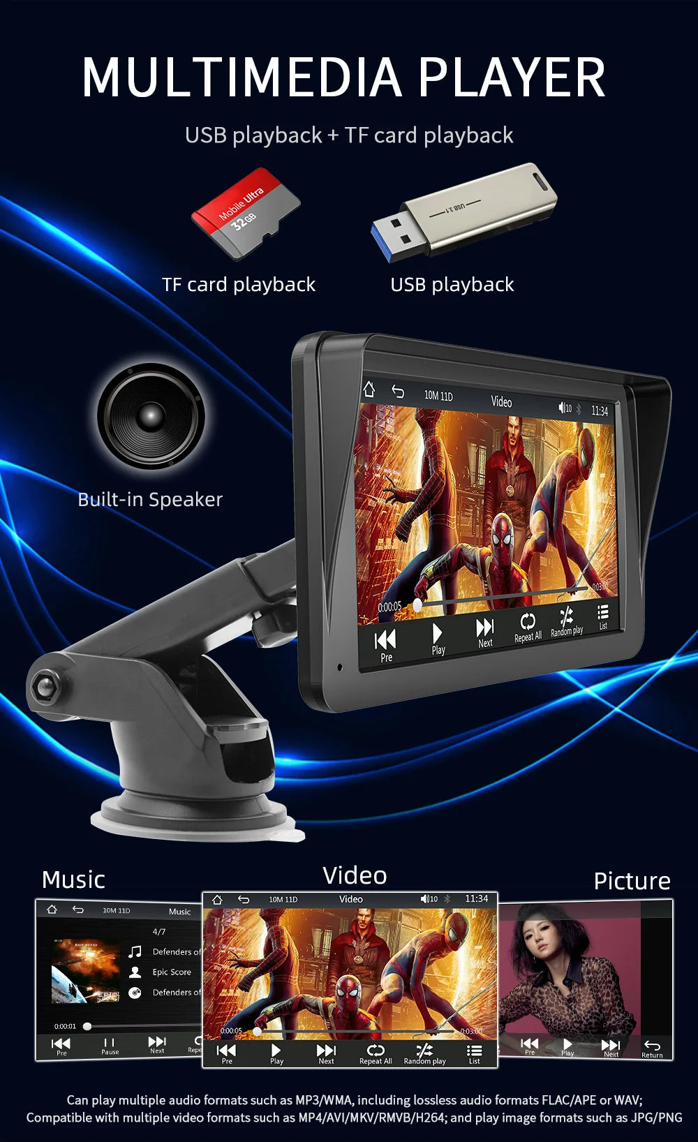 7inch Portable Car Radio Wireless CarPlay Android Auto Multimedia Video Player  Touch Screen With USB AUX For Rear View Camera