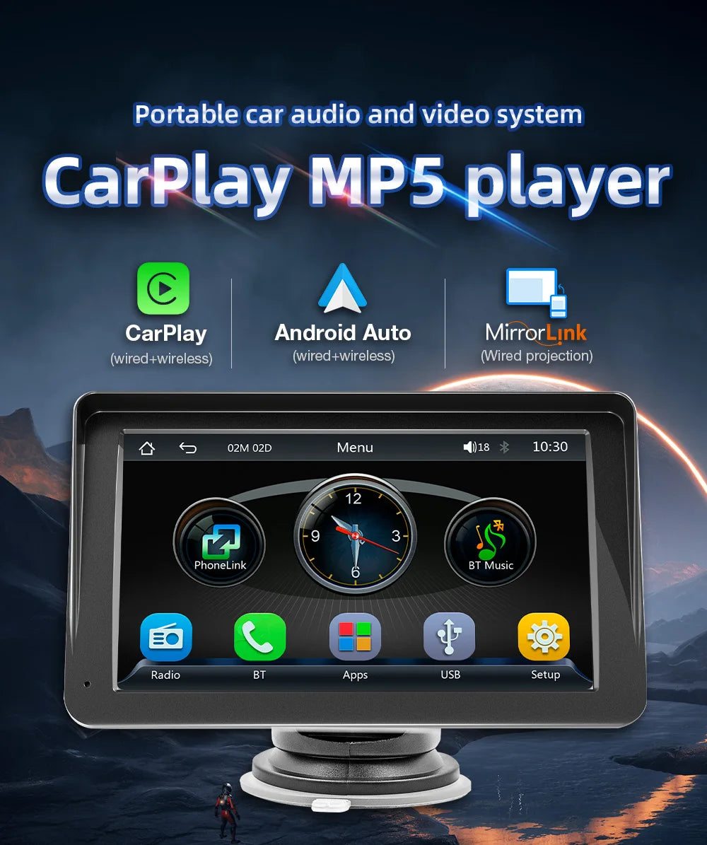 7inch Portable Car Radio Wireless CarPlay Android Auto Multimedia Video Player  Touch Screen With USB AUX For Rear View Camera
