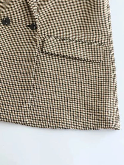 Women Fashion Double Breasted Plaid Blazer Coat Vintage Long Sleeve Flap Pockets Female Outerwear Chic Vestes Femme