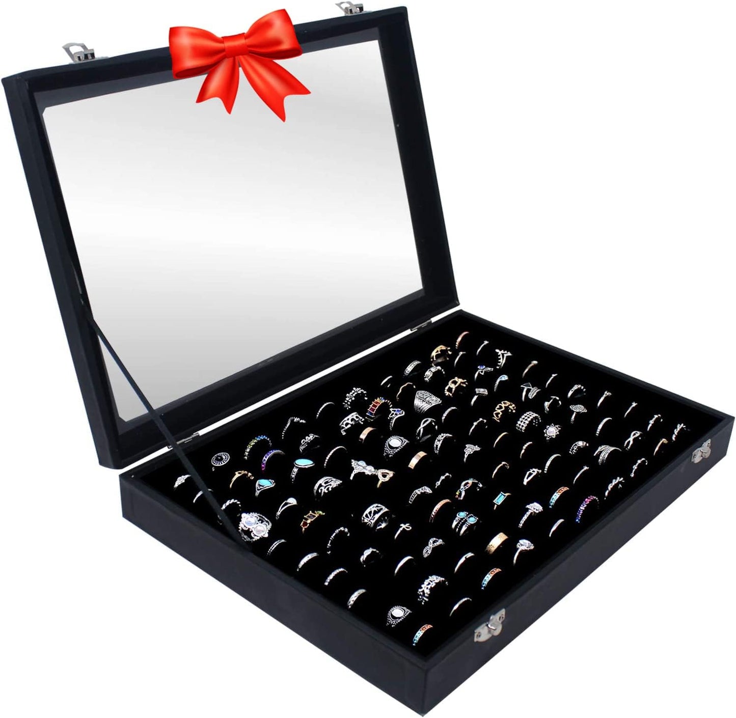 100 Slots Ring Storage Display Box with Transparent Lid ~ Ring Holder Showcase for Store Display, Jewelry Show & Home ~ Jewelry Tray Organizer (Black)